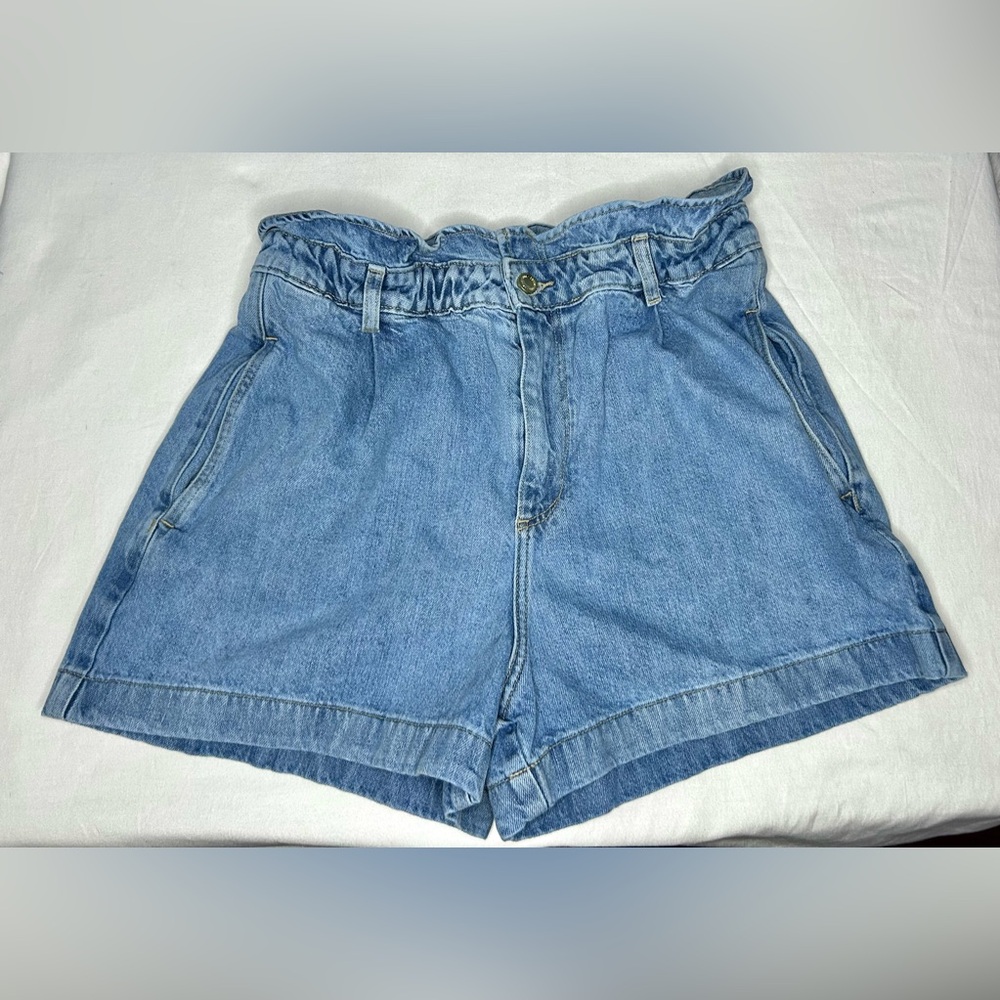 Zara Denim Paperbag Shorts Womens 10 Blue High Waist Elastic Relaxed Fit Casual - Picture 9 of 13